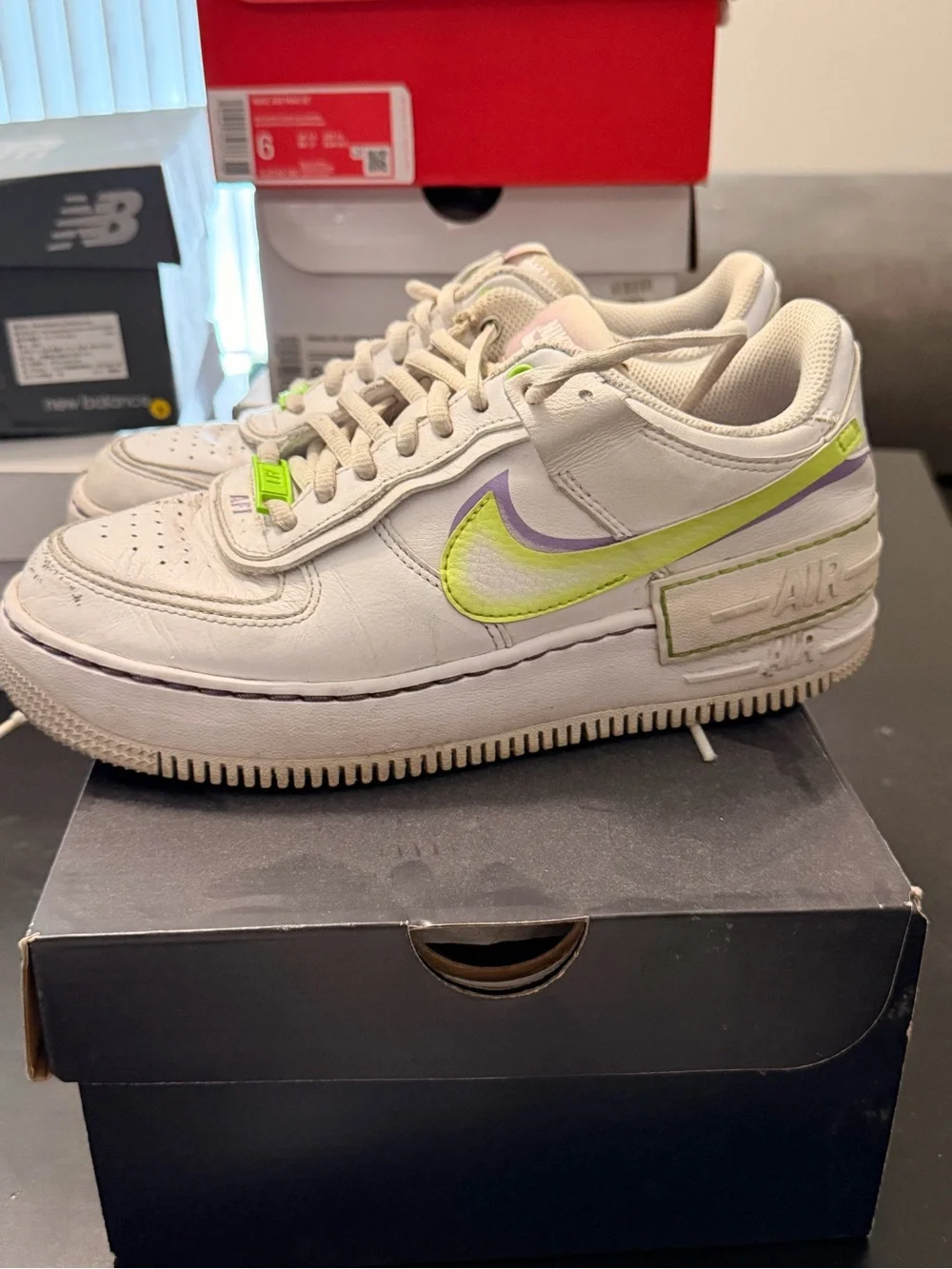 Nike White Air force 1’s with Neon Lime and Light Purple Swoosh